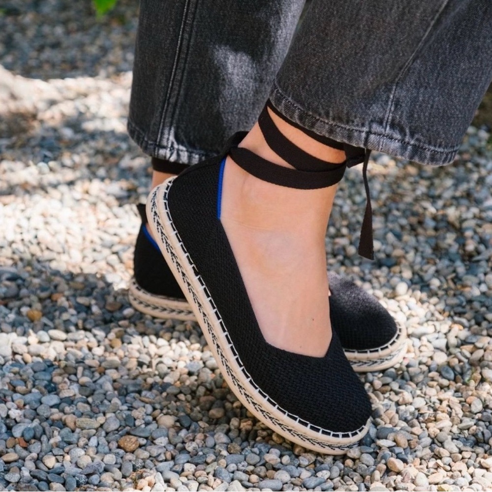 Rothy's Black Espadrille Ballet Flats with Blue Heel Accent and Ankle Tie